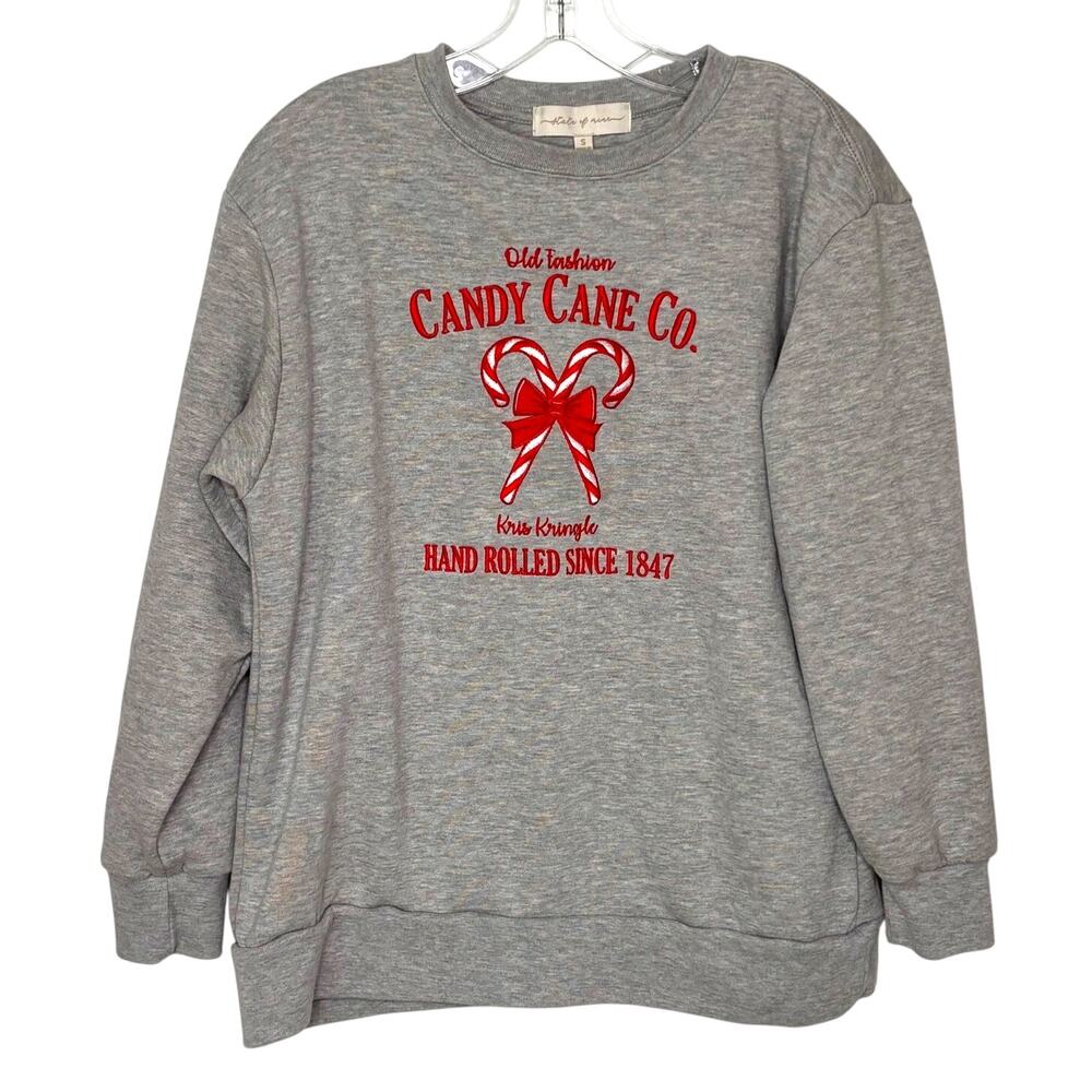 State Of Mine Wms S Candy Cane Embroidered Gray Sweatshirt Christmas Holiday